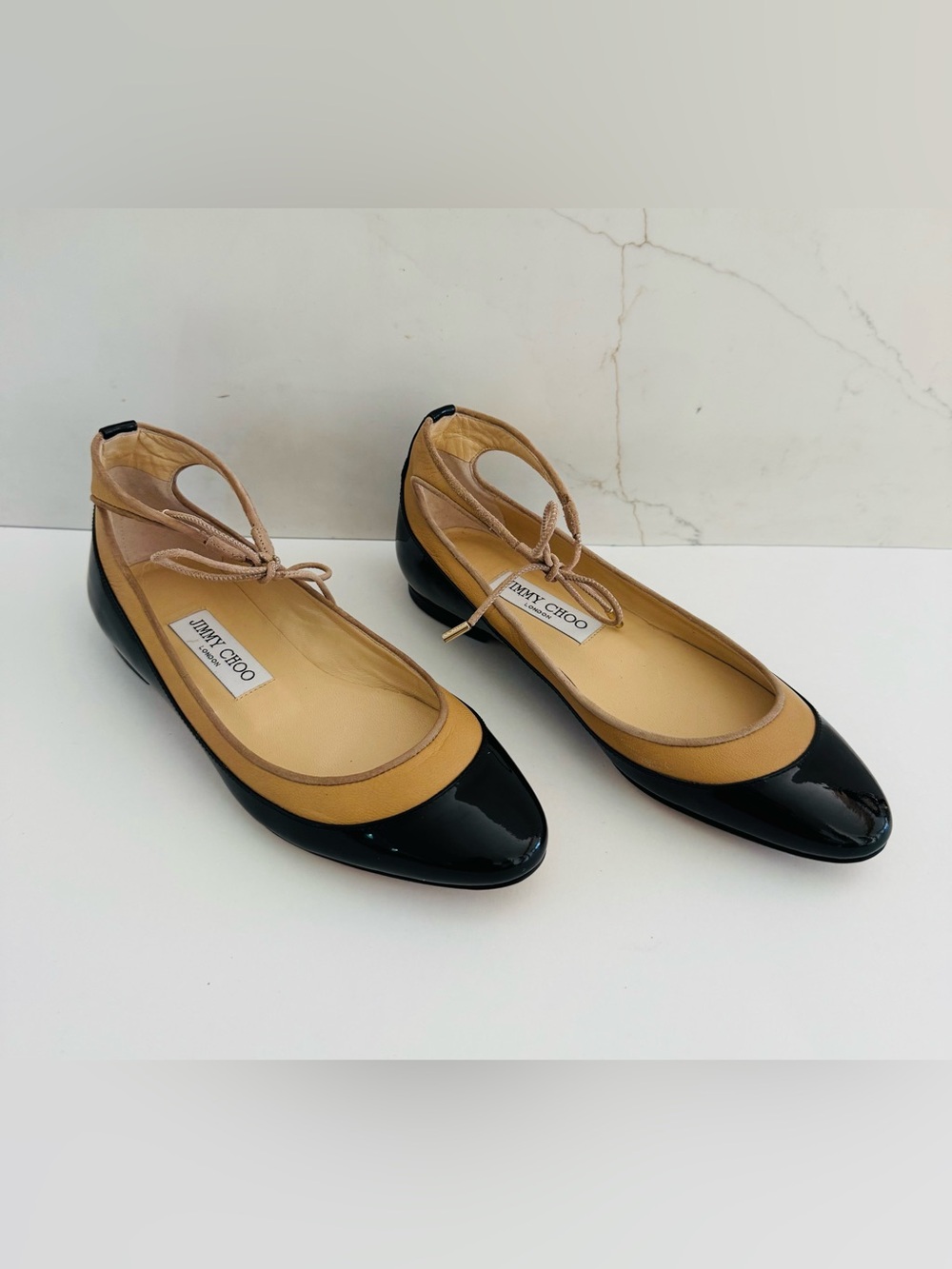 Jimmy Choo, Tyler Ballerina Black Tan Flats Ankle Tie Shoes Size 36.5